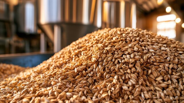 Close-up image of crushed malted barley with brewing mash tun equipment, highlighting the raw materials and process in beer production.