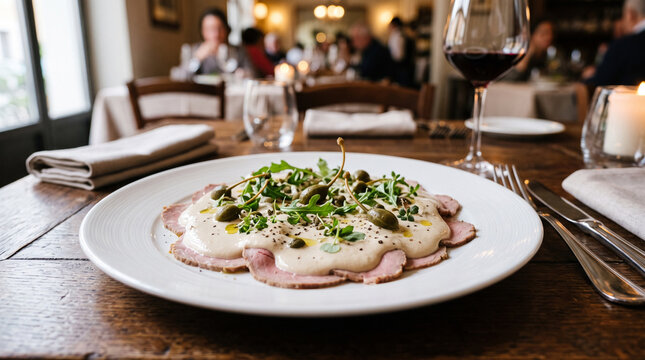 Thinly sliced chilled roasted veal covered in a smooth creamy tuna and caper sauce, garnished with caper berries and microgreens. Classic gourmet Italian antipasto.