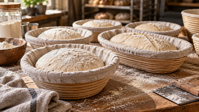 artisan bread dough proofing in traditional baskets at professional bakery kitchen