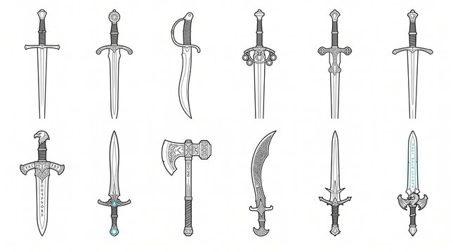 Twelve detailed sword illustrations showing varied blade and hilt designs representing medieval and fantasy weapon styles in outline art.
