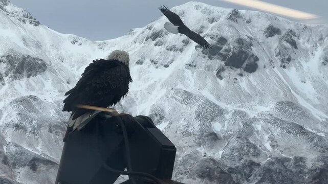 Incredible wildlife b-roll of a wet wild bald eagle sitting on industrial machinery with a second eagle soaring past snowy mountains.