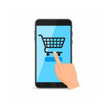 Mobile e-commerce illustration featuring a hand clicking a shopping cart icon on a smartphone screen