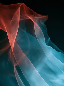 Abstract digital art piece with a dark background. the focal point of the image is a red and blue wave-like shape that appears to be flowing in different directions.