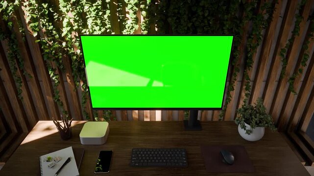 Computer Monitor PC Green Screen in Modern Concrete Office Workspace with and Indoor Plants - Camera from top to bottom