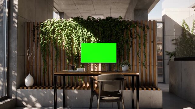 Computer PC Monitor Green Screen in Modern Concrete Office Workspace with and Indoor Plants - Wide View