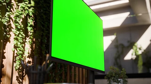 Computer PC Monitor Green Screen in Modern Concrete Office Workspace with and Indoor Plants - Perspective Bottom View