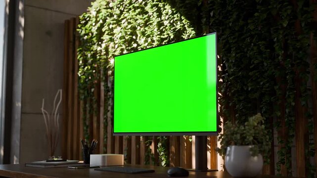 Computer PC Monitor Green Screen in Modern Concrete Office Workspace with and Indoor Plants - Perspective View