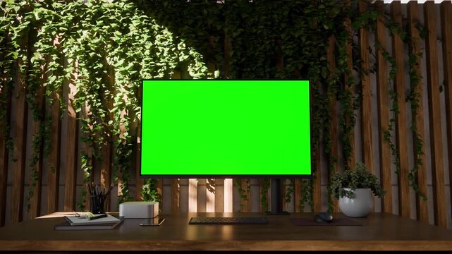 Computer PC  Monitor Green Screen in Modern Concrete Office Workspace with and Indoor Plants - Zoom in to Screen