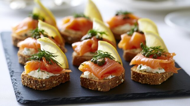 Fine dining appetizers featuring salmon canap&Atilde;&copy;s, dill garnish and citrus accents