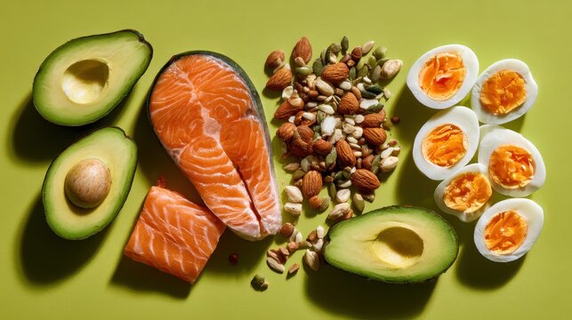 Flat lay of keto-friendly ingredients: salmon, avocado, eggs and seeds on vibrant green backdrop