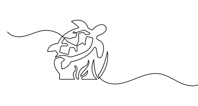 ea turtle line art showing a swimming turtle above seaweed featuring continuous line art style with editable stroke vector.