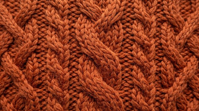 Full frame macro texture of warm burnt orange cozy cable knit winter sweater fabric