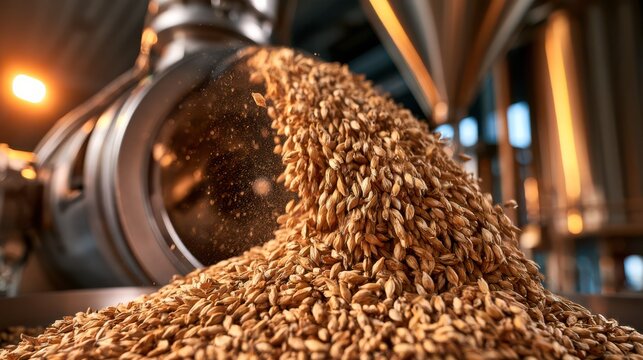 A close-up of a grain mill crushing malted barley with fine dust particles visible, illustrating the milling process in grain processing and brewing industries.