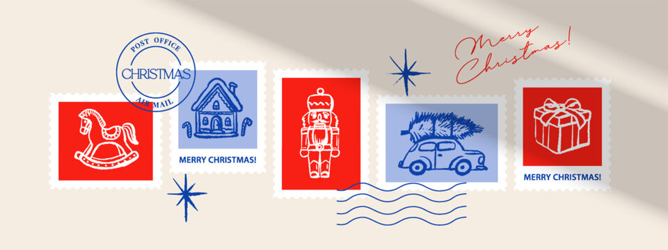 Christmas postage stamp collage set, vintage hand drawn holiday icons. Greeting card, postcard, banner. Sketch crayon doodle vector illustration.