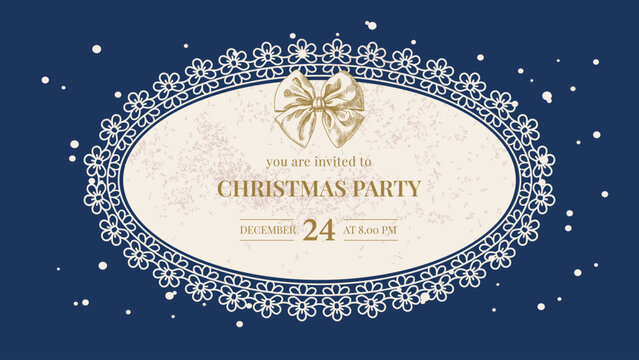 Christmas lace border with handcrafted elements. Wedding invitation, holiday greeting card design. Elegant vintage style. Hand drawn vector illustration.