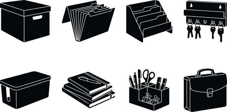 Office Organization Silhouette Vector Bundle Featuring Storage Box, File Folders, Document Organizer, Key Holder, Storage Bin, Books, Desk Organizer, and Briefcase