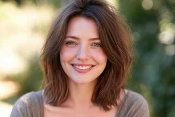 Fototapeta premium Friendly lifestyle portrait of a smiling woman with natural makeup and a soft background