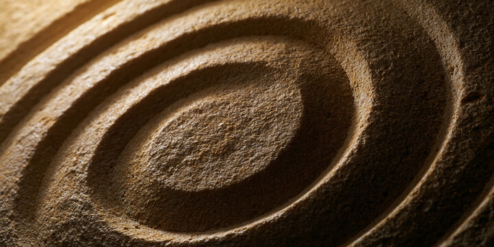 Bold ring patterns carved into natural sandstone textures with dramatic side lighting, minimalist composition,, with a focus on magnificent aesthetics and quality