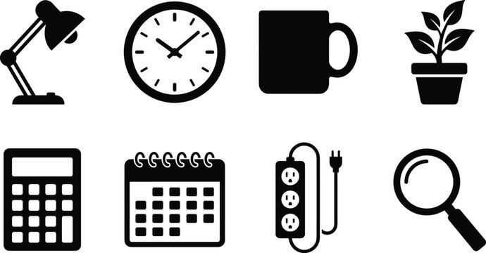 Office Essentials Silhouette Vector Bundle Featuring Desk Lamp, Clock, Coffee Mug, Plant, Calculator, Calendar, Power Strip, and Magnifying Glass