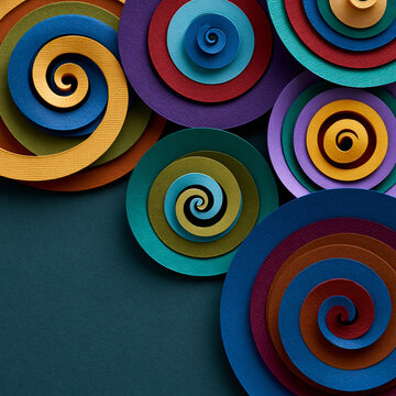 Amazing close-up or wide angle showing colorful spiral motifs created with layered paper art textures in a minimalist studio setting, balanced composition, soft diffused lighting, advertising design