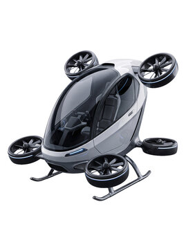 Futuristic flying car style with four rotors, sleek aerodynamic shape, and transparent cockpit isolated on transparent background