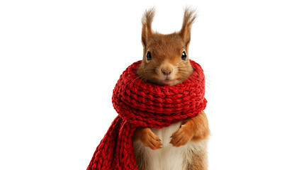 Red squirrel wearing a cozy knitted red scarf looking at the camera © Otillie