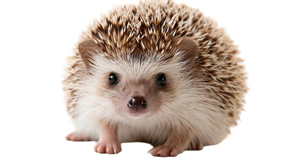 Cute small African pygmy hedgehog with brown and white quills looking forward © Otillie