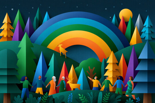 Illustration style, modern flat vector, community friends enjoying nature beneath a colorful double rainbow, rolling hills and trees, premium vector artwork, no logos, no watermark, rendered in sharp