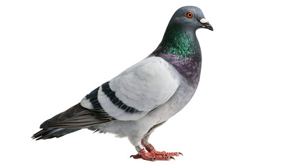 Fototapeta premium Grey racing pigeon with iridescent green neck feathers and leg identification band