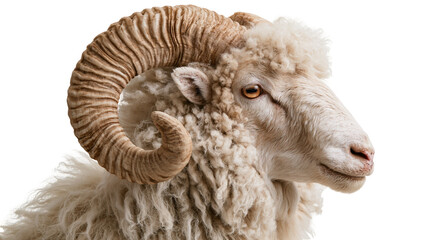 Close up portrait of a fluffy white ram with large curved textured horns © Otillie