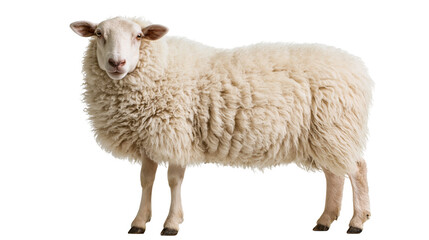 Full body view of a fluffy white sheep standing and looking forward © Otillie