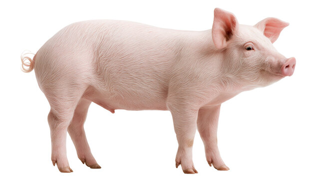 Young pink piglet standing in profile view