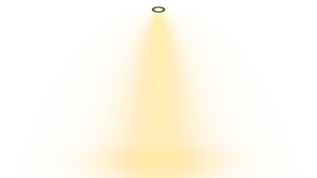 A single recessed ceiling light fixture shining a bright golden yellow beam of light downward transparent background
