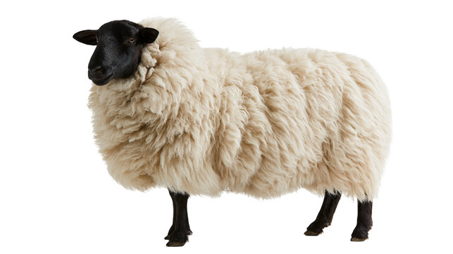 Suffolk sheep with thick cream colored wool and black head and legs