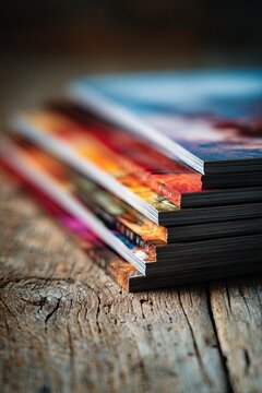 Stack of magazines with colorful covers arranged on rustic wooden surface. Rich textures and warm tones create inviting atmosphere. Perfect for lifestyle or reading themes
