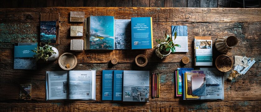 Travel brochures and magazines spread across rustic wooden table showcase beautiful destinations and experiences. Natural light highlights vibrant colors and textures of printed materials
