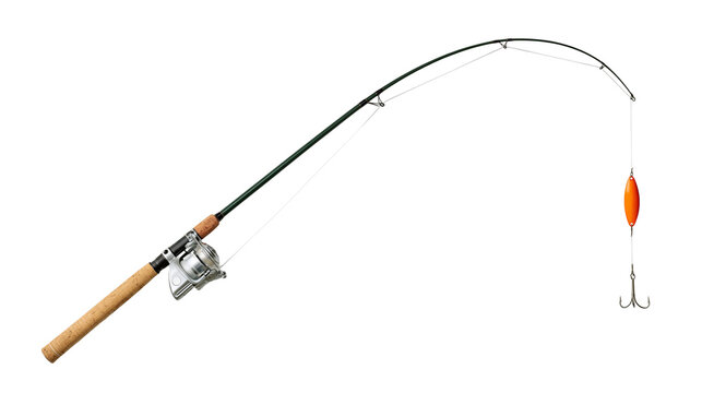 Fishing rod with cork handle spinning reel orange float and metal treble hook