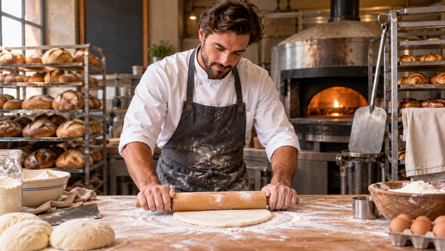 professional baker rolling dough in artisan bakery kitchen with fresh bread and oven