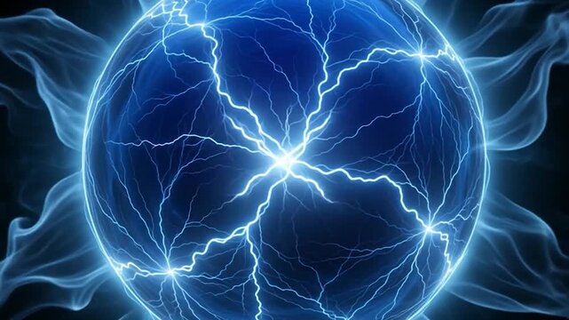 Blue electric lightning sphere of glowing plasma energy in black background