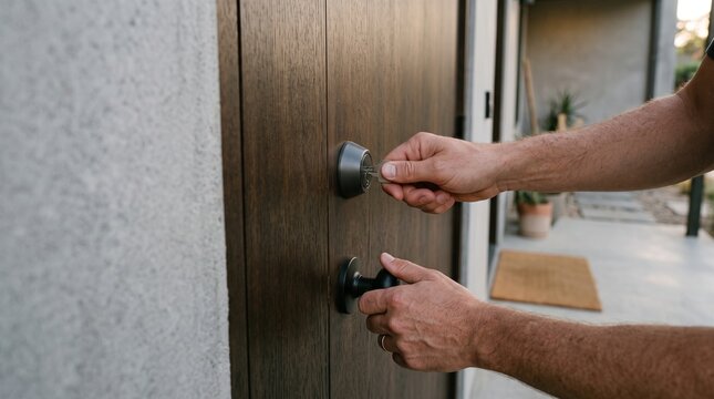 Person locking a modern wooden front door with a metal key at the entrance of a residential house
