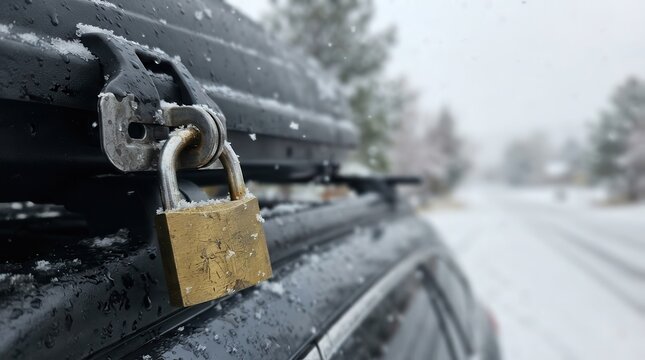 Brass Padlock Locking a Roof Cargo Box on a Snowy Road during a Cold Weather Journey in the Serene Landscape