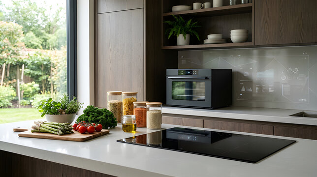Fresh vegetables and ingredients on a modern kitchen island with induction hob