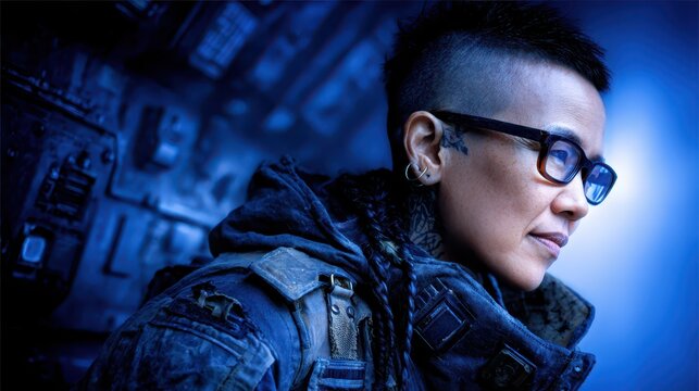 Sci-Fi Explorer Portrait: A focused woman with a distinctive undercut hairstyle, eyeglasses, and tactical gear looks thoughtfully into the distance, bathed in cool blue light.