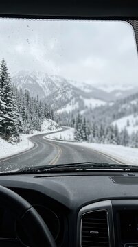 Winter Journey Through Winding Mountain Roads Captured From Behind The Steering Wheel Amidst A Snowy Alpine Wilderness Landscape
