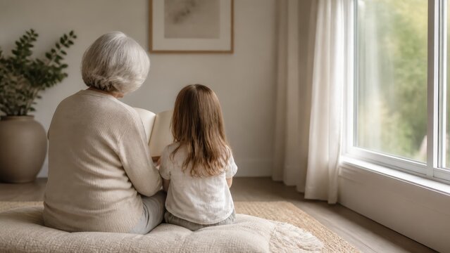 Senior caucasian grandmother and young granddaughter sitting together with open book in bright cozy living room. Concept of intergenerational family bonding
