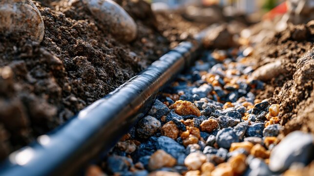 Black plastic pipe laid in a trench filled with gravel and soil, surrounded by larger stones, showcasing a construction site in a residential area
