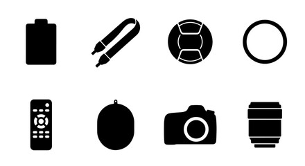 Fototapeta premium Photography Gear Icons Set: Camera, Lens, Battery, Remote, Strap, Lens Cap, Filter - Vector Graphics for Digital Media and Design