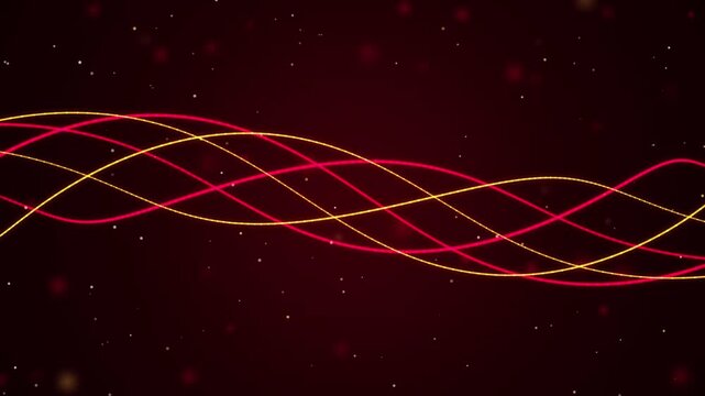 Glowing Red and Gold Sinusoidal Wave Light Trails Animation on a Dark Background with Dust Particles