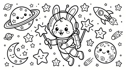 Fototapeta premium Cute Bunny Astronaut Space Coloring Page for Kids, Cartoon Rocket, Smiling Planets, Stars and Magic Wand, Simple Black and White Line Art