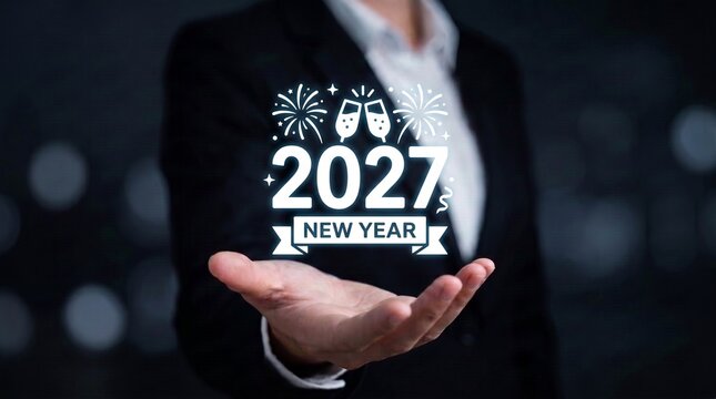 happy new year 2027 celebration and corporate greeting concept. glowing champagne toast and fireworks icon badge above open palm. businessman holding festive seasonal greeting graphic.

